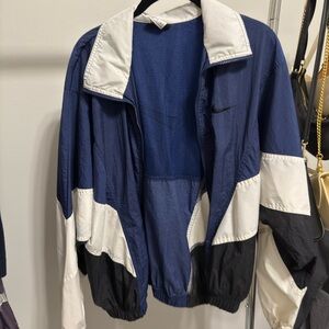 Nike Blue and White Bomber Jacket with Color-Block Design
